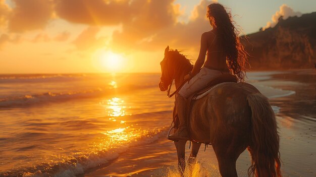 Foto donna sulla spiaggia dei cavalli