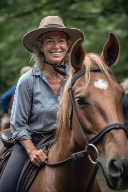 A woman on a horse looking at the camera and smiling created with generative ai