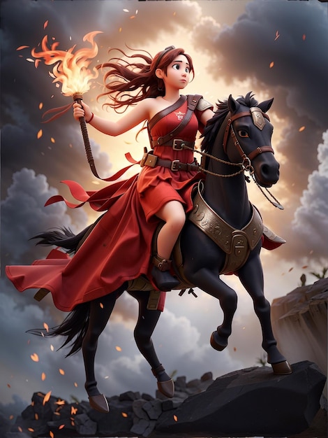 a woman on a horse with a sword and a dragon in the background