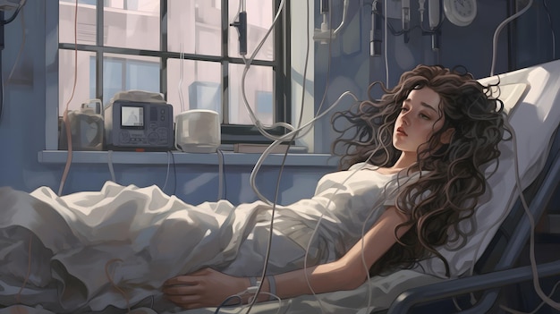 A woman in a hospital bed conveying illness and vulnerability