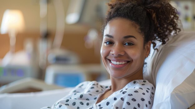 Photo the woman on the hospital bed smiling at the camera