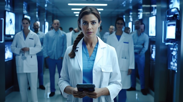 Foto una donna in camice da ospedale si trova in un corridoio con altre persone sullo sfondo.