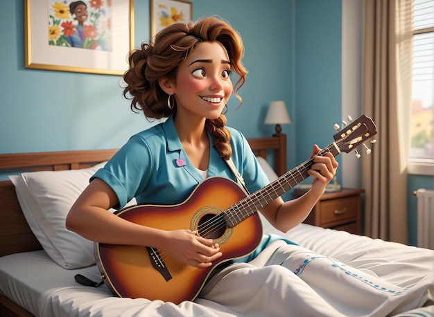 Photo a woman in a hospital room playing a guitar