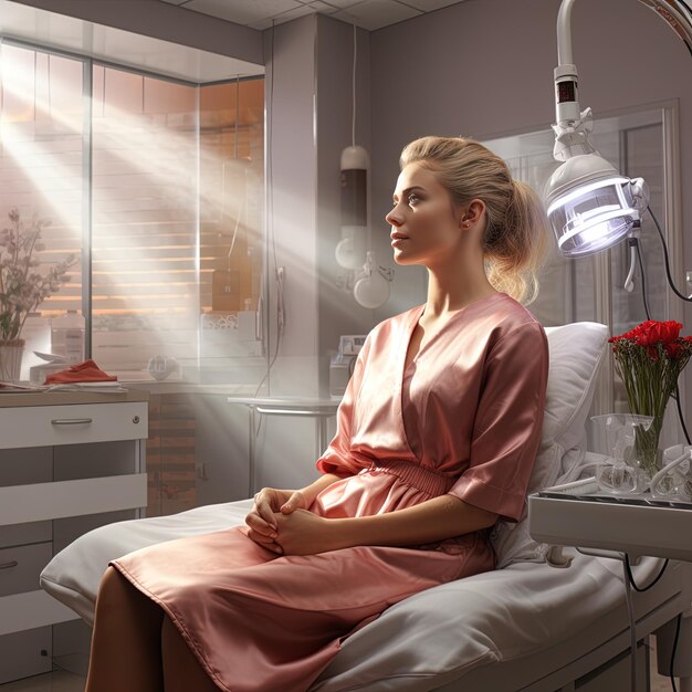 a woman in a hospital room with a window behind her