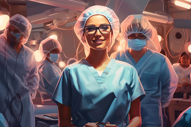 A woman in a hospital uniform stands in front of a group of surgeons.