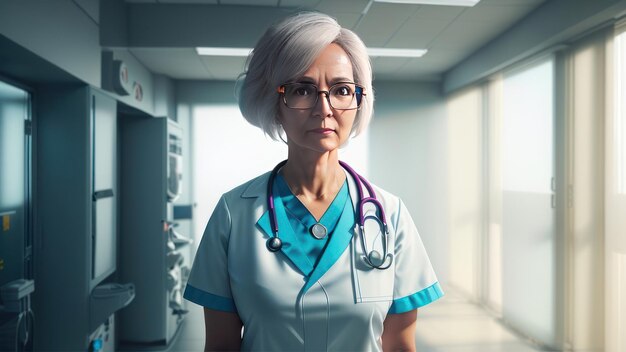 A woman in a hospital uniform stands in a hallway with a sign that says'i'm a nurse '