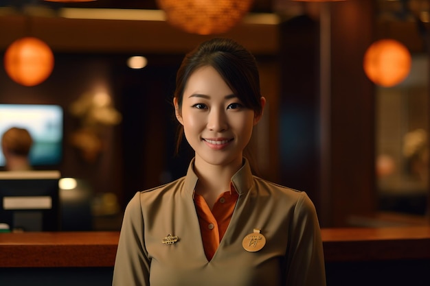 A woman in a hotel uniform stands in front of a bar.