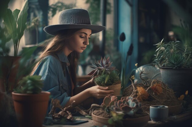 Фото Женщина ухаживает за комнатными растениями дома тропическая любовь производит ай