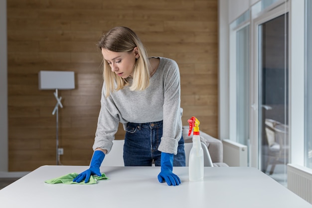 woman housewife cleans the apartment maid blonde wipes pollen