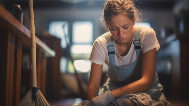 woman housewife holding mop with plastic bucket clean up floor mobbing in laundry room at home grandma doing housework and cleaning clothes at house