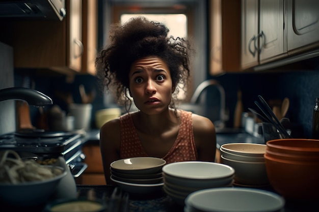 Photo a woman housewife panics in an untidy kitchen and unwashed dishes