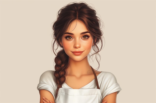 woman housewife in a white apron looks forward and smiles