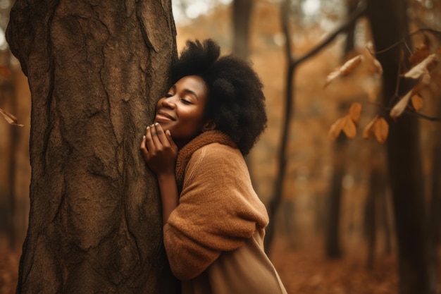 Woman hug tree Save eco plant Generate Ai