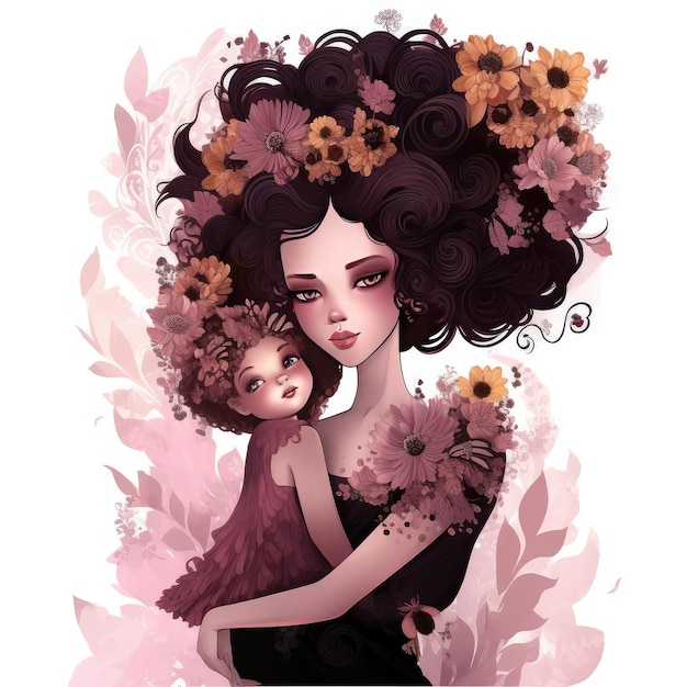 A woman hugging a baby with flowers on her head.