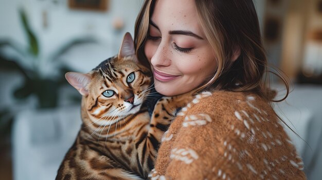 Woman hugging cat on couch in living room