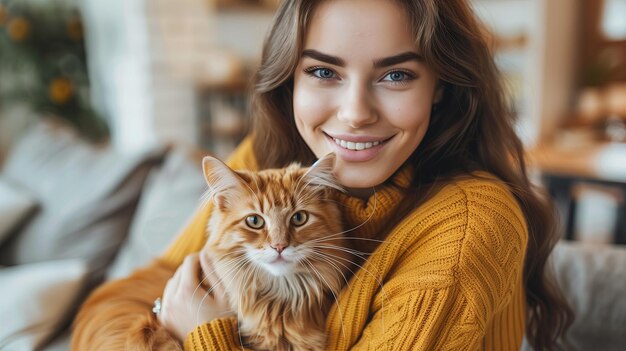 Foto donna che abbraccia il gatto sul divano nel soggiorno