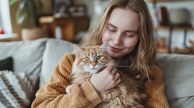 Photo woman hugging cat on couch in living room