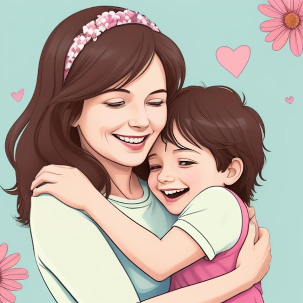 a woman hugging a child with a pink flower on her arm