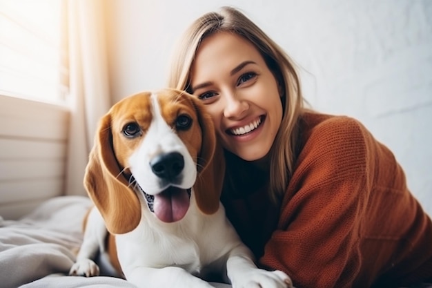 Woman hugging a cute beagle