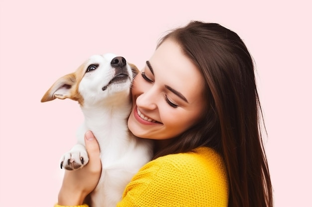 顔を上げて犬を抱きしめる女性。