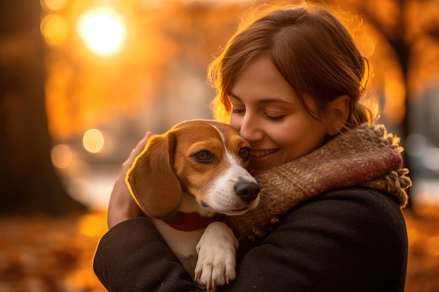 A woman hugging her beagle in the park Generative AI