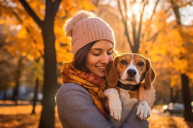 A woman hugging her beagle in the park Generative AI