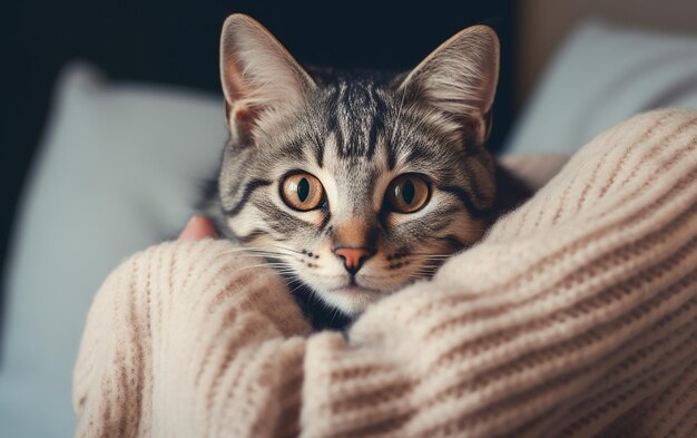 写真 猫を抱きしめる女性