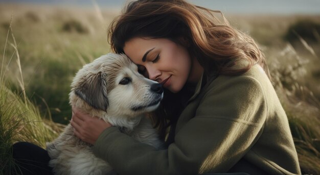 Photo a woman hugging her dog on a green field