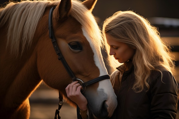 アウトドアで馬を抱きしめる女性 ジェネレーティブAI