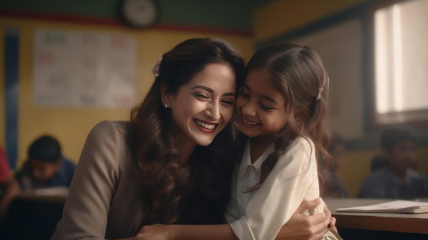 Woman Hugging Little Girl in Classroom