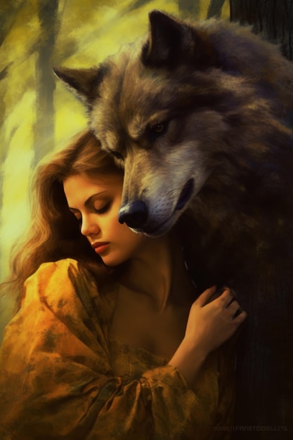 A woman hugging a wolf that is in the woods.