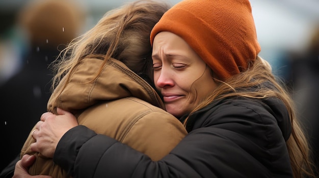 A woman hugs a crying woman.