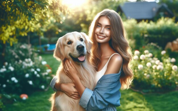 Woman hugs golden retriever dog Garden background Back garden