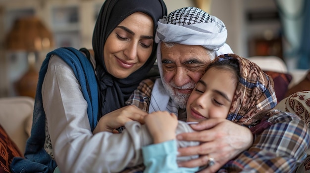 Photo a woman hugs a man and his wife who is hugging him