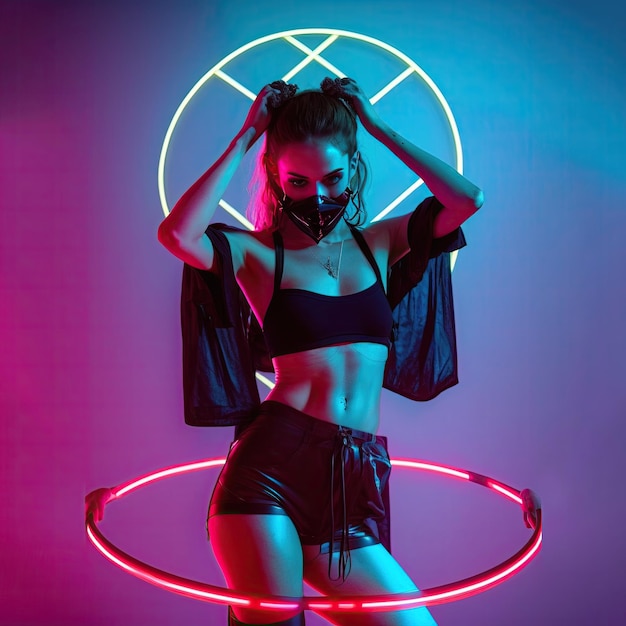 A woman in a hula hoop with a neon sign behind her