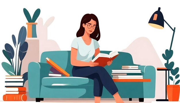 Woman Immersed in Books on Soft Sofa Cartoon Vector Illustration