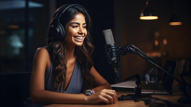 woman immersed in recording a podcast on her laptop with headphones and a microscope