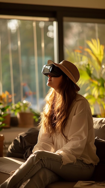 Woman Immersed in Virtual Reality at Home During Afternoon