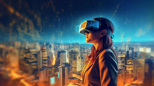 A woman immersed in virtual reality standing in front of a futuristic cityscape Generative ai