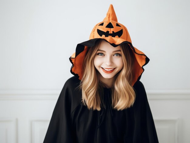 写真 ハロウィーンの衣装を着た女性が遊び心のあるポーズをとっています