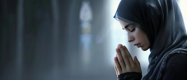 사진 히자브 를 입은 여자 가 기도 하고 있다