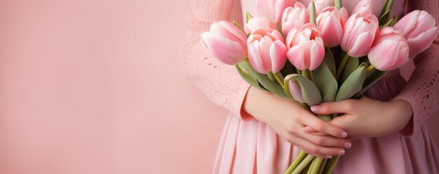 Фото Женщина в розовом платье с букетом весенних тюльпановых цветов в руке на пастельном фоне