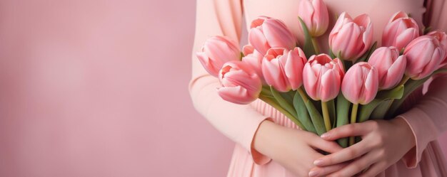 Фото Женщина в розовом платье с букетом весенних тюльпановых цветов в руке на пастельном фоне