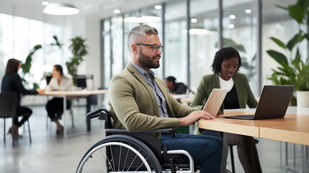 Фото Женщина в инвалидной коляске и мужчина, сидящие за столом в хорошо освещенной современной офисной среде, активно участвуют в совместной дискуссии