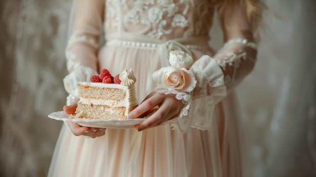 写真 クリームドレスを着た女性と美味しいケーキ