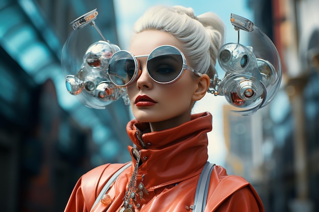 写真 メガネをかぶった女性が背景に立っている機械のスタイルの装飾された未来都市
