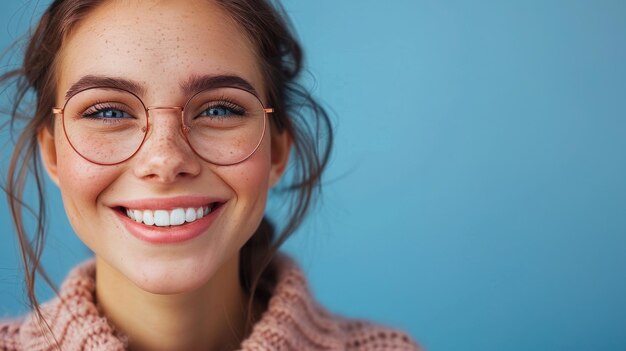 写真 眼鏡とピンクのセーターを着た女性