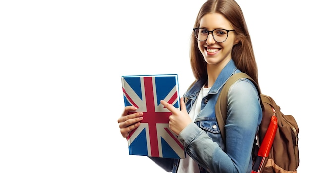Фото Женщина в очках с книгой о британском флаге