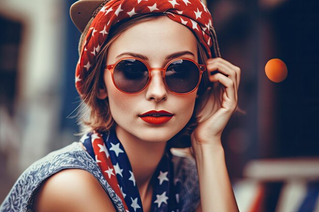 写真 アメリカのシンボルが描かれた帽子とシャツを着た女性美しい女の子が米国の国立祝日を祝っています