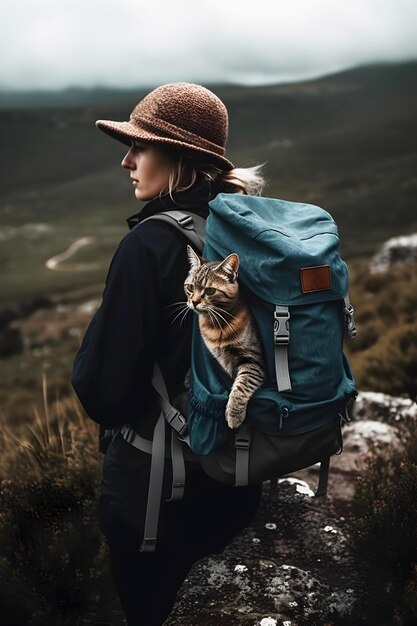 Фото Женщина в шляпе с рюкзаком сидит на скале с серой полосатой кошкой и смотрит на вид на горы